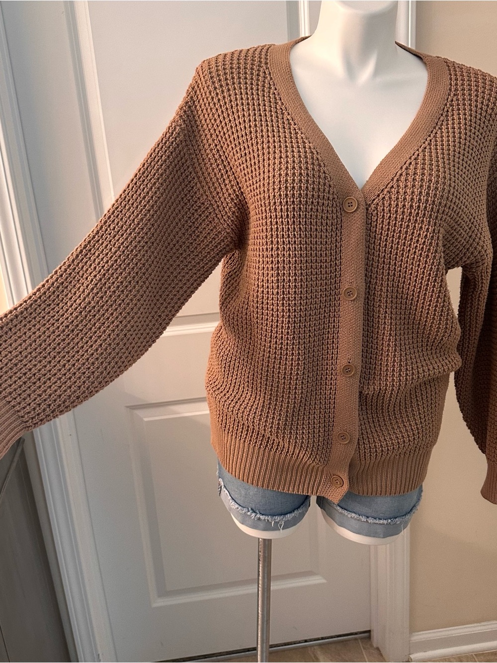 Chunky knit. Sweater. Button up cardigan. Size large. Tan cardigan.